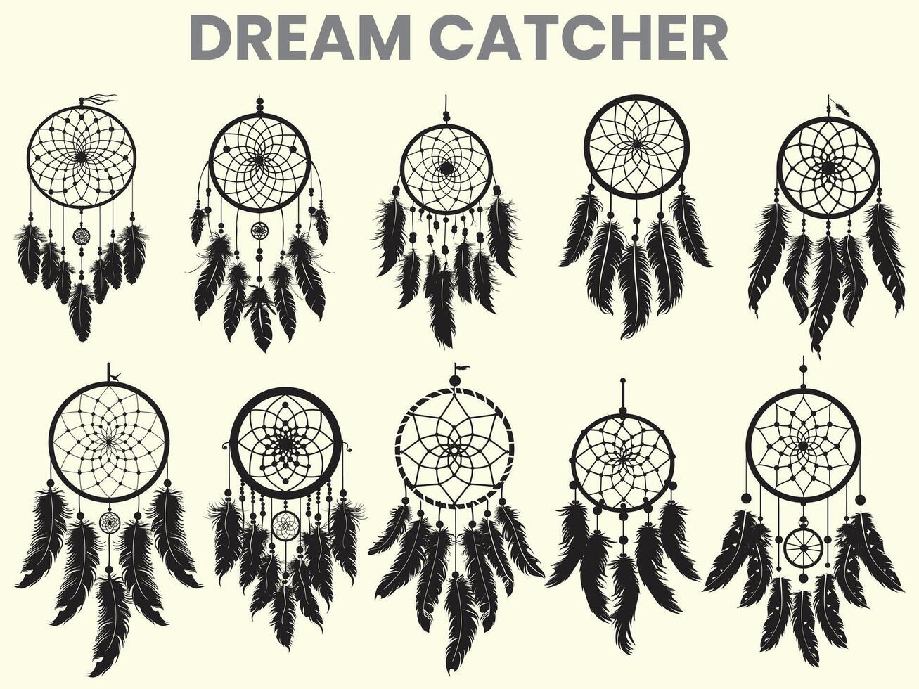 A black silhouette of a dream catcher set, clipart, featuring a moon catcher and feathers. This dream catcher bundle is isolated on a white background. vector