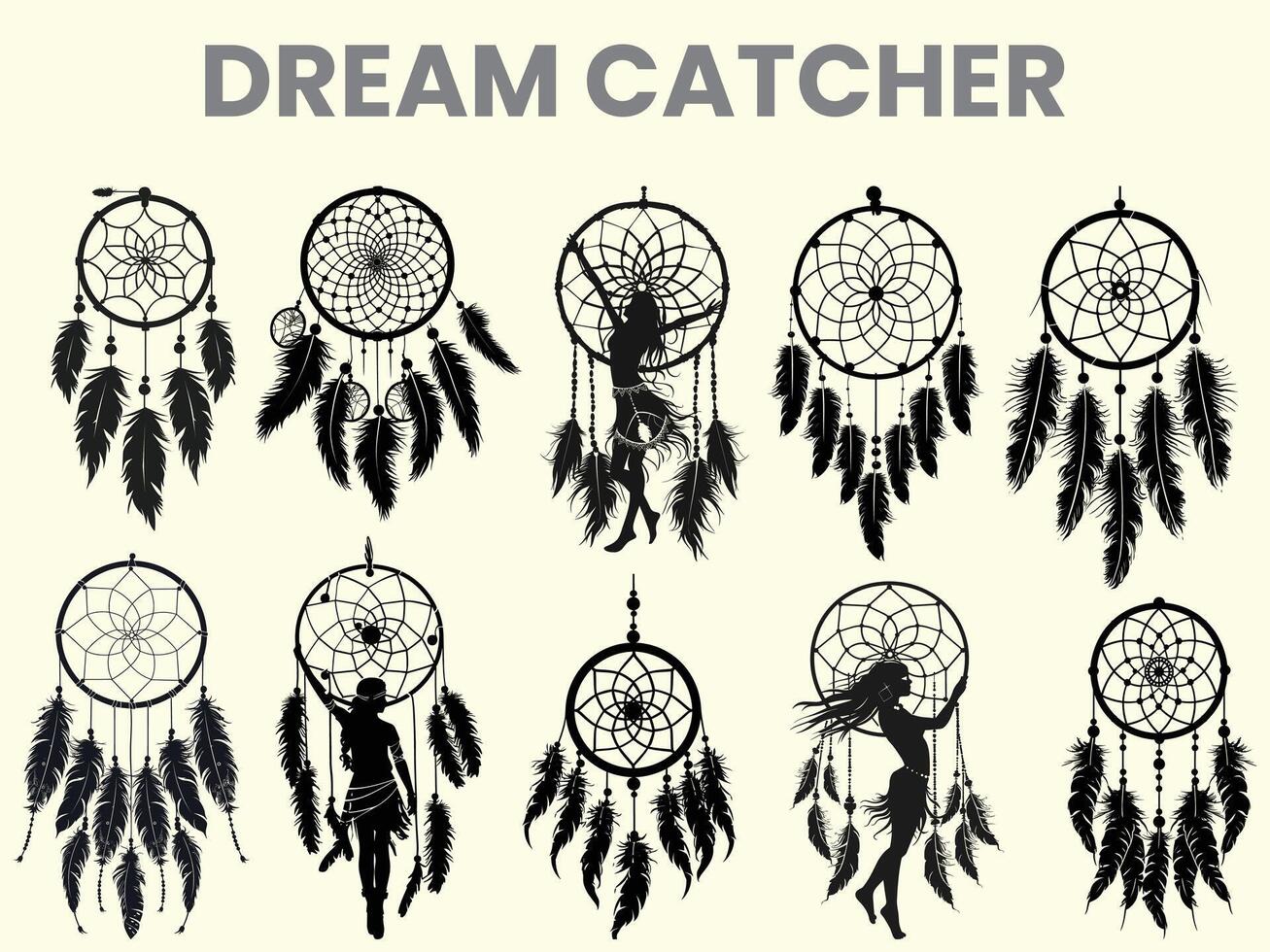 A black silhouette of a dream catcher set, clipart, featuring a moon catcher and feathers. This dream catcher bundle is isolated on a white background. vector