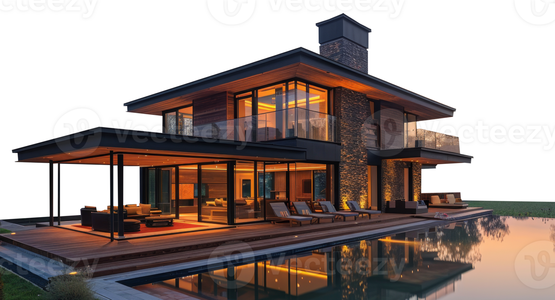 A large house stands elegantly with a pool in front of it, creating a luxurious and spacious outdoor living area. png