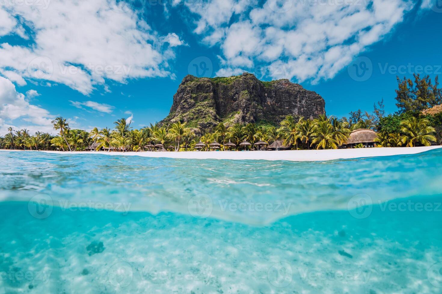 Tropical transparent ocean with Le Morne mountain and luxury beach in Mauritius photo