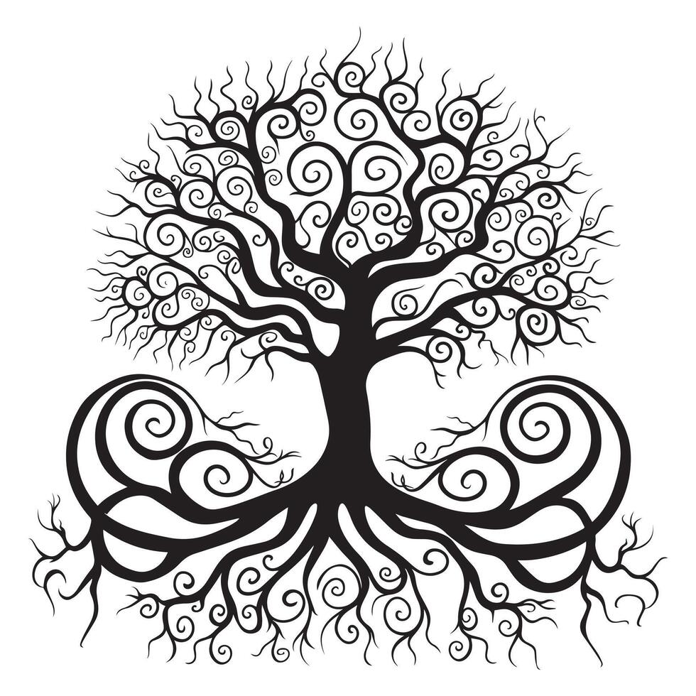 Tree of Life with a spiral pattern in its roots illustration in black and whiteTree of Life with a spiral pattern in its roots illustration in black and white vector