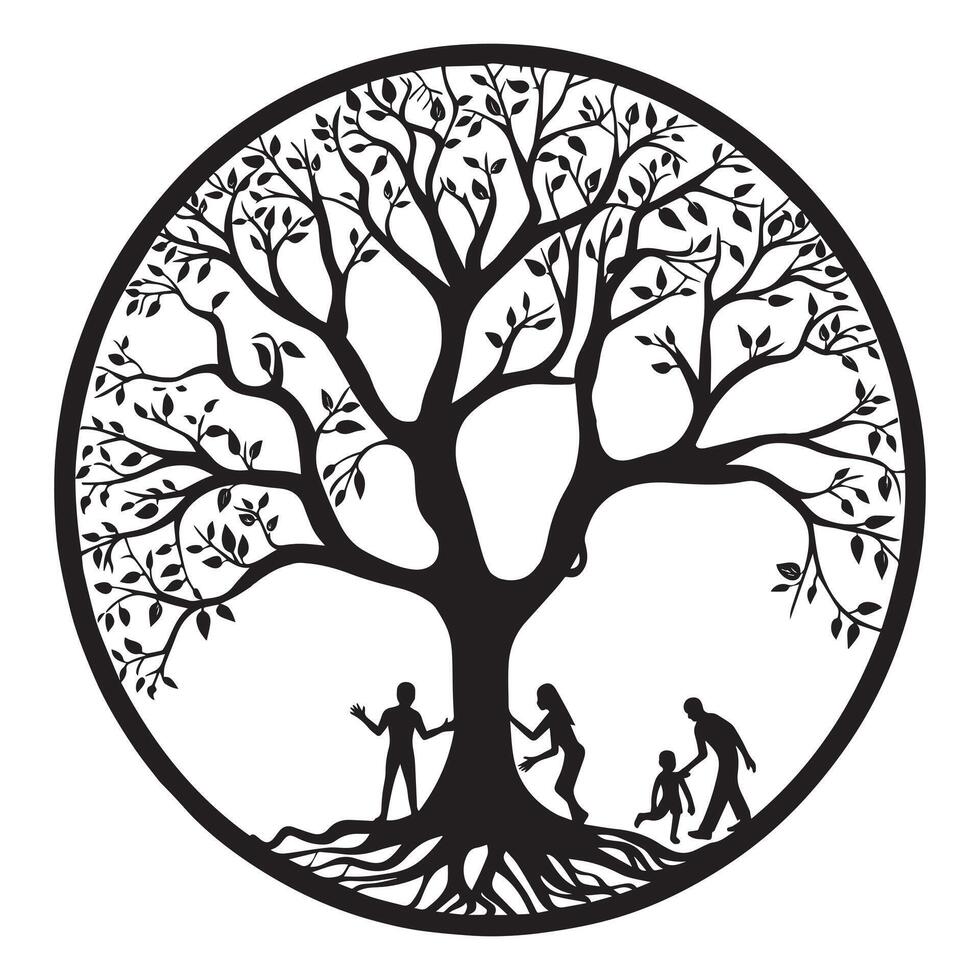 Tree of Life with human illustration in black and white vector