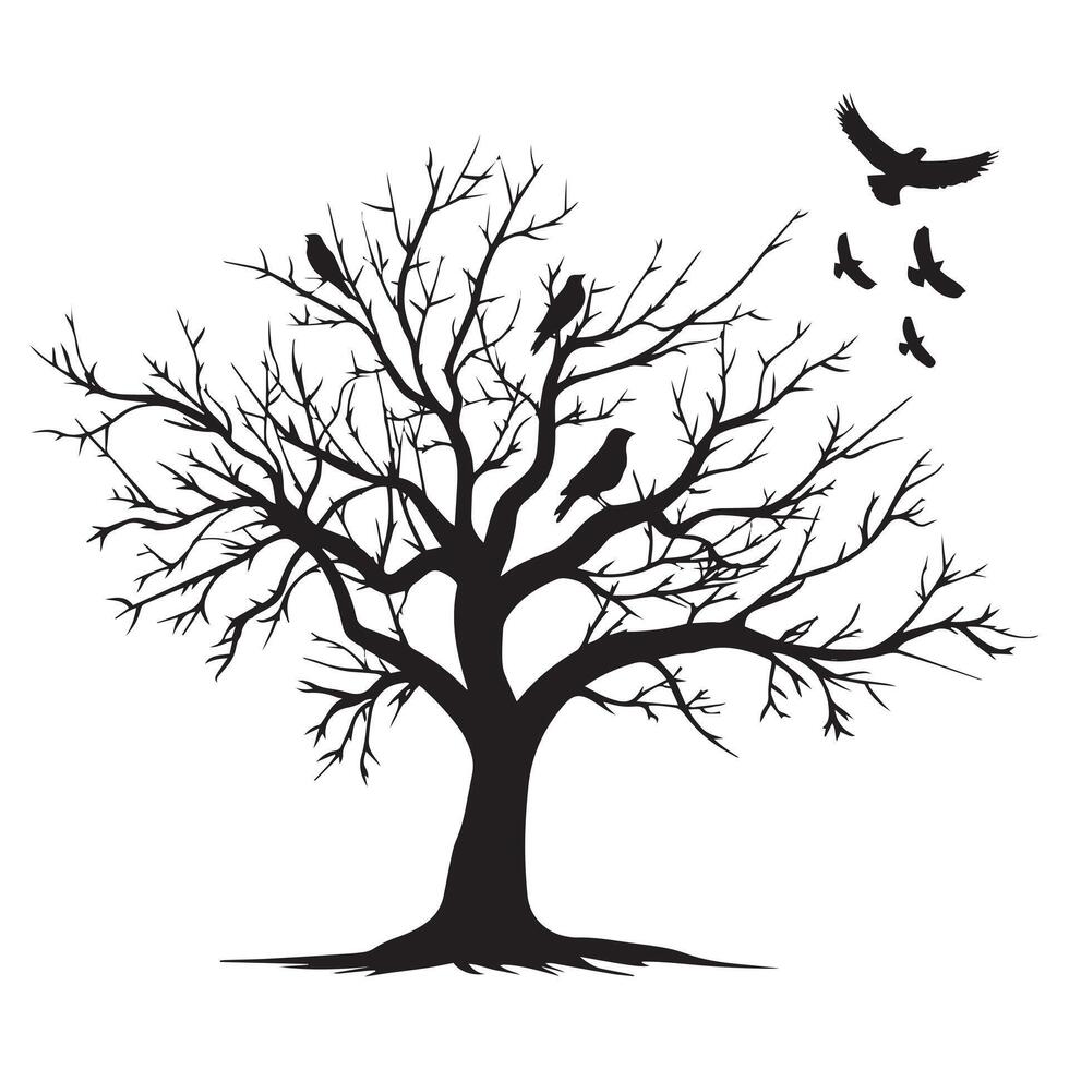 illustration of a tree with birds flying in the sky in black and white vector