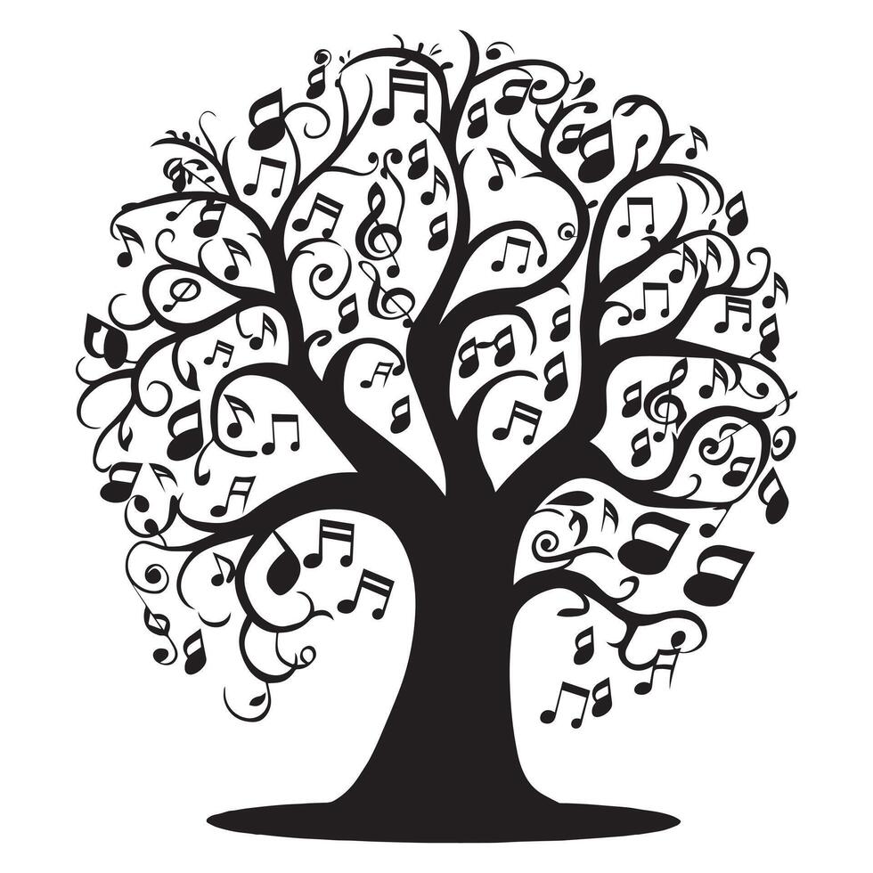 Tree of Life with musical notes integrated into its design illustration in black and white vector