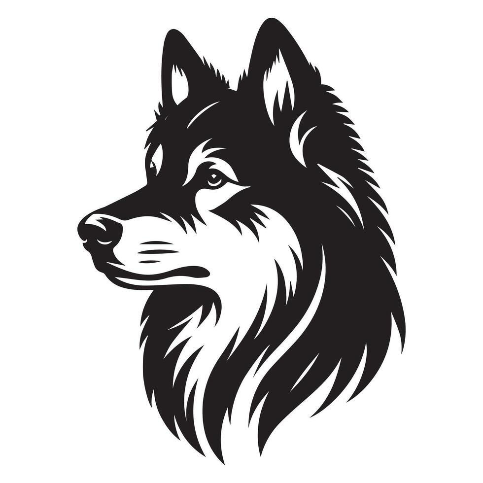 A Thoughtful Norwegian Elkhound Dog Face illustration in black and white vector