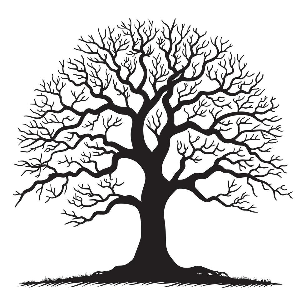 Tree of Life with a single trunk and symmetrical branches illustration in black and white vector