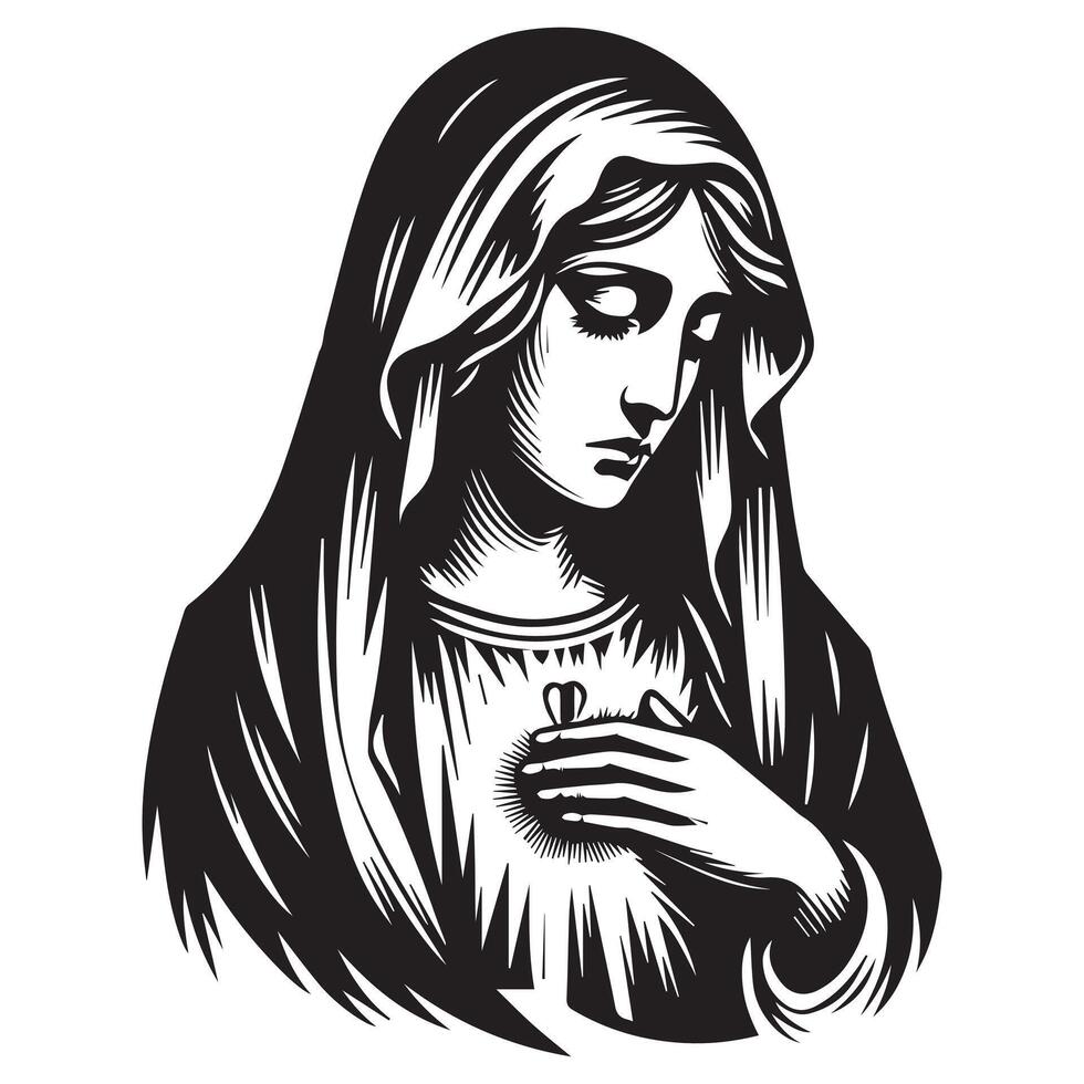 Mary in Sorrow illustration in black and white vector