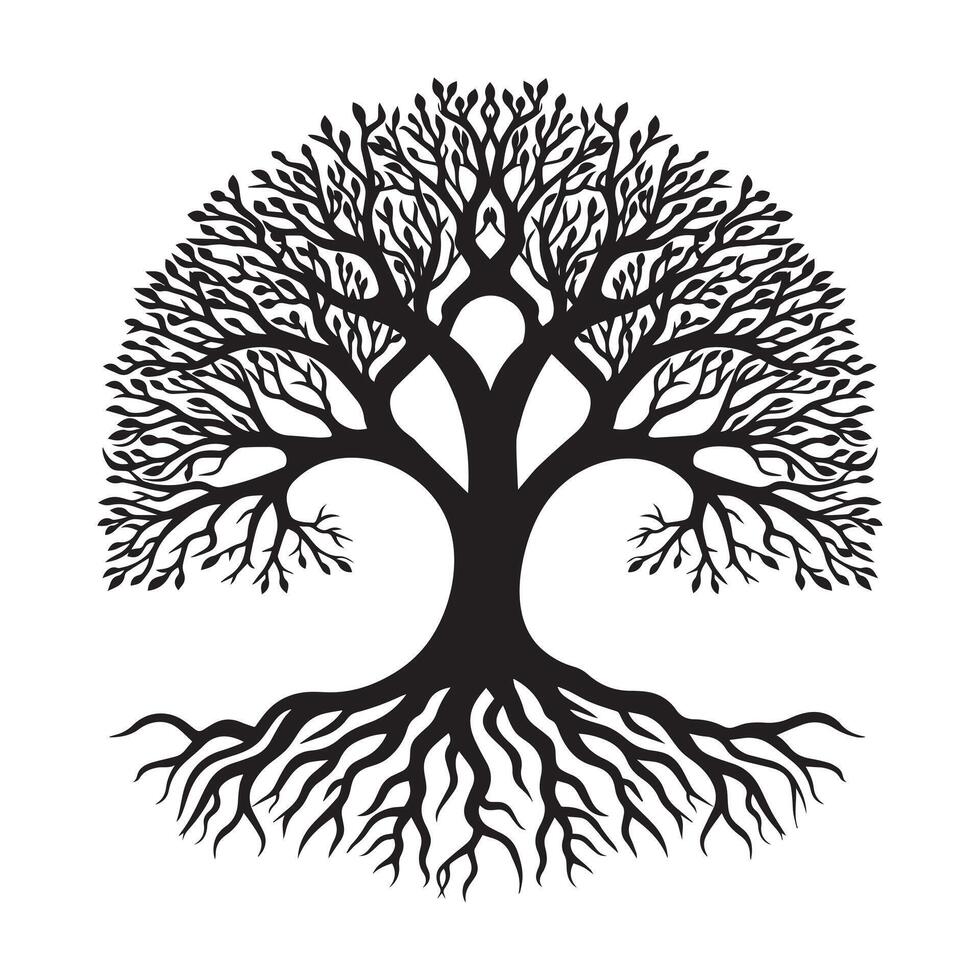 Tree of Life with a single trunk and symmetrical branches illustration in black and white vector