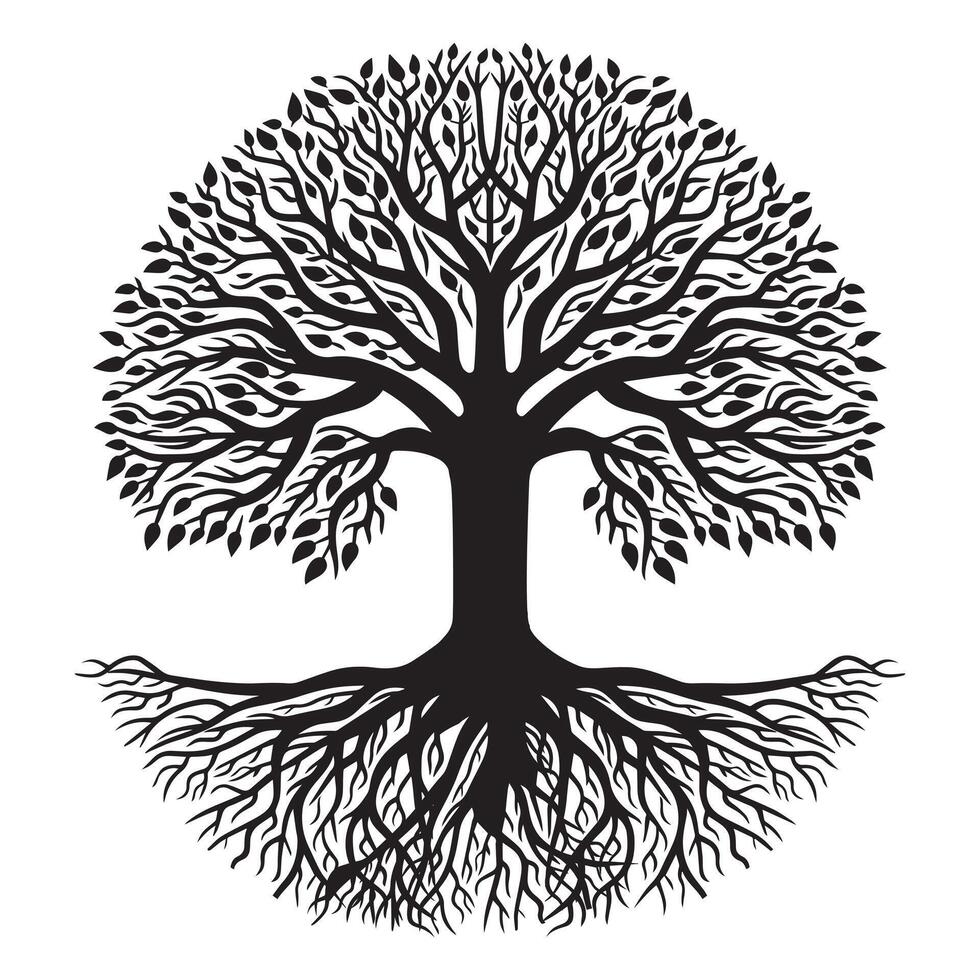 Tree of Life with a labyrinth pattern illustration in black and white vector