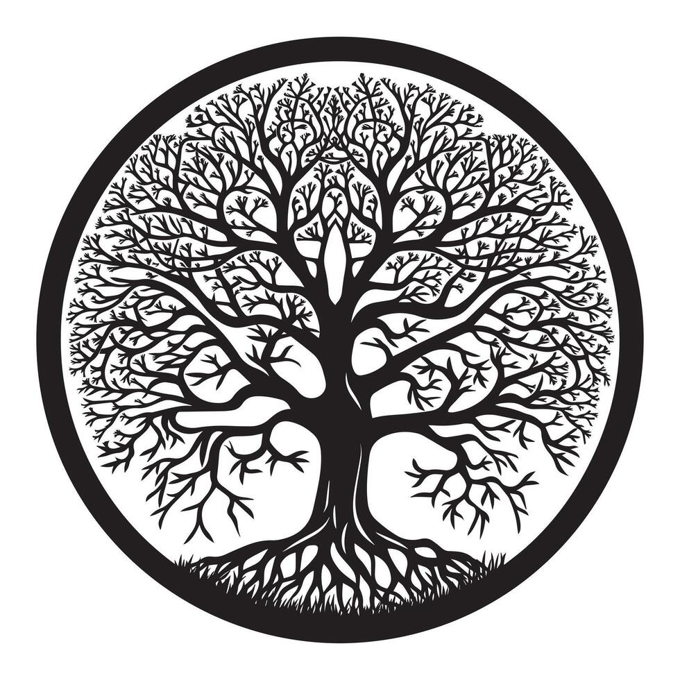 Tree of Life with an intricate lattice of branches illustration in black and whiteTree of Life with an intricate lattice of branches illustration in black and white vector