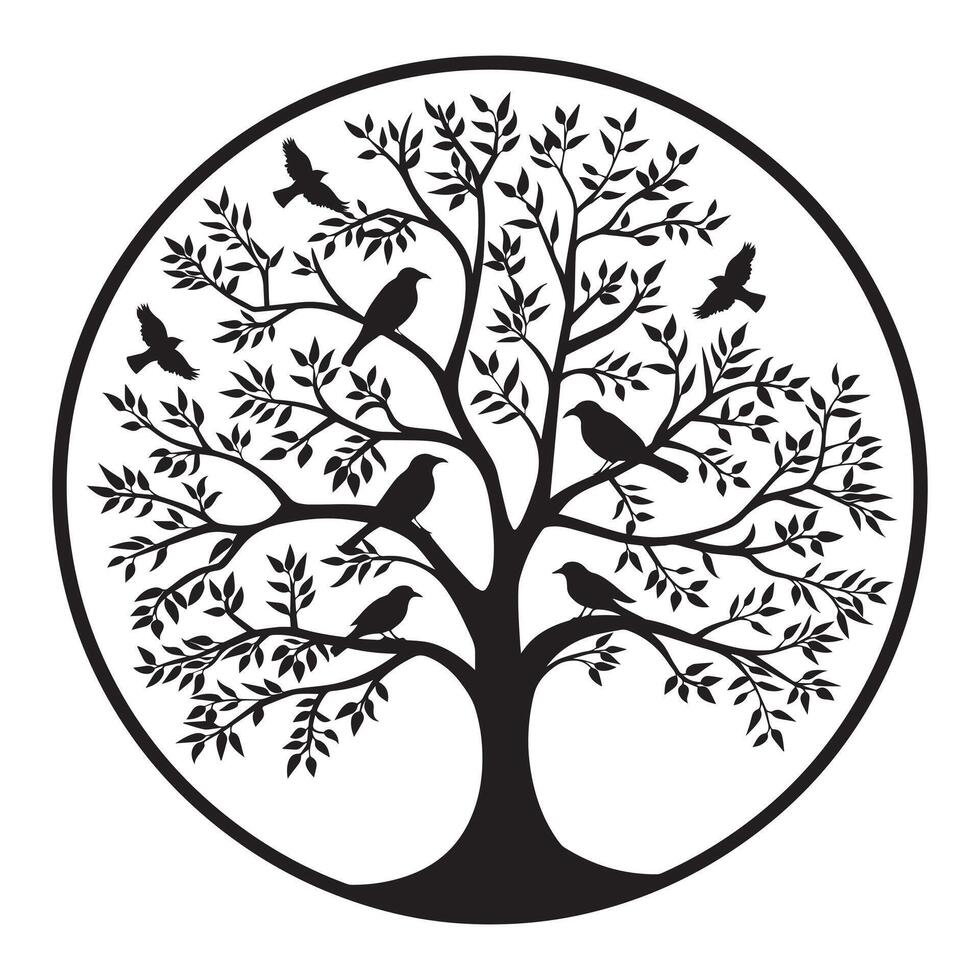 Tree of Life with birds perched on its branches illustration in black and white vector