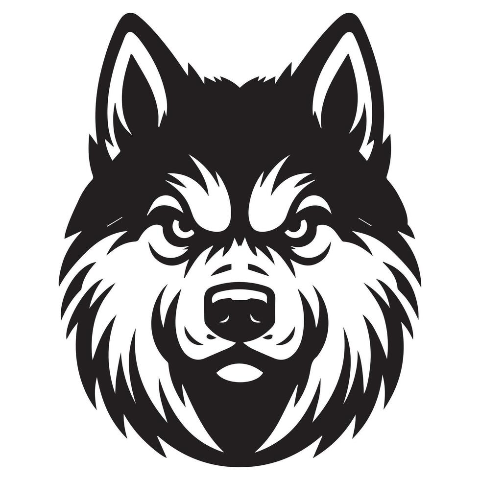 An Angry Norwegian Elkhound Dog Face illustration in black and white vector