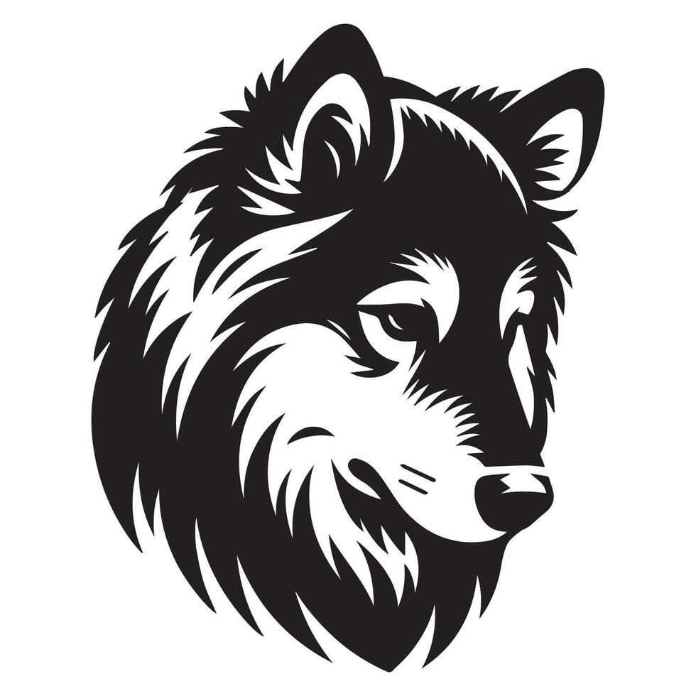A Pensive Norwegian Elkhound Dog Face illustration in black and white vector