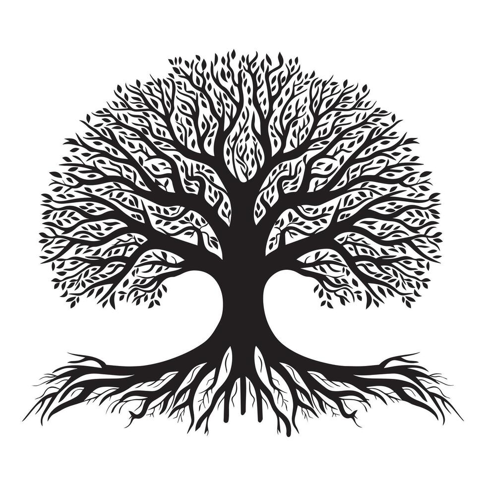 Tree of Life with a labyrinth pattern illustration in black and white vector