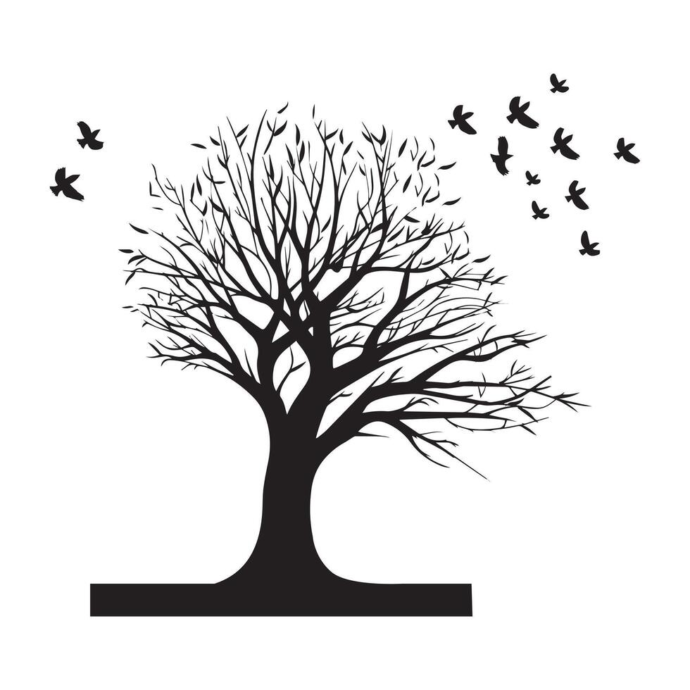 illustration of a tree with birds flying in the sky in black and white vector