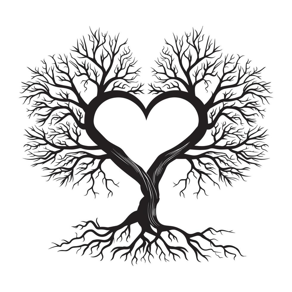 Tree of Life with intertwining branches forming a heart shape illustration in black and white vector