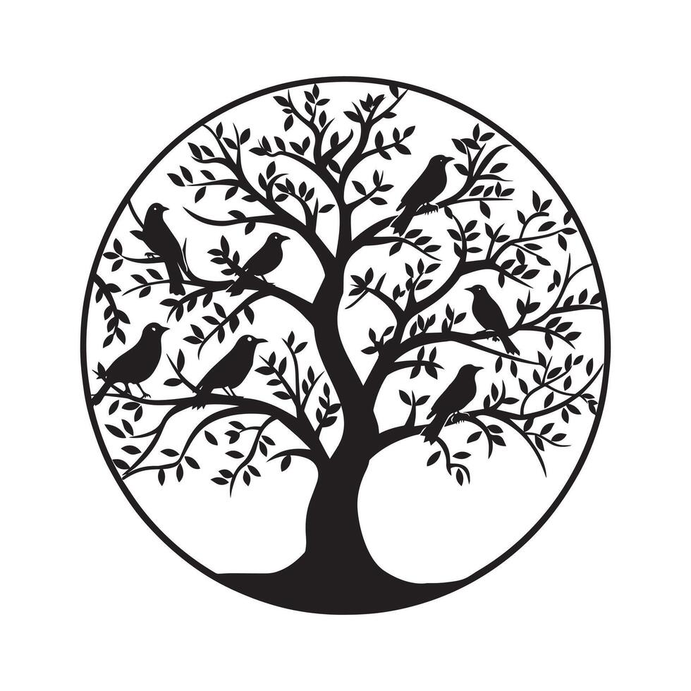 Tree of Life with birds perched on its branches illustration in black and white vector