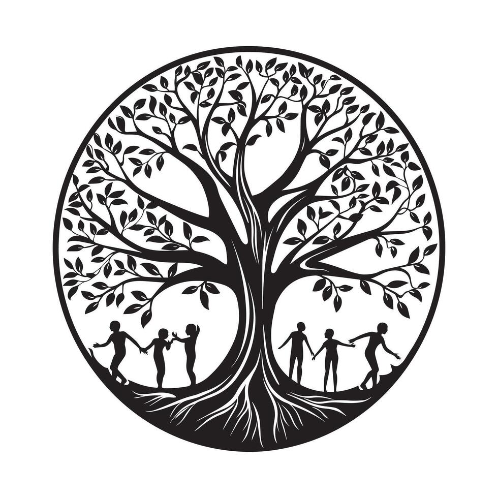 Tree of Life with human illustration in black and white vector