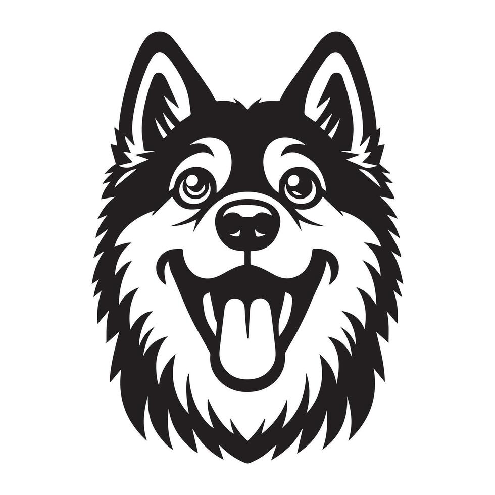 A Excited Norwegian Elkhound Dog Face illustration in black and white vector