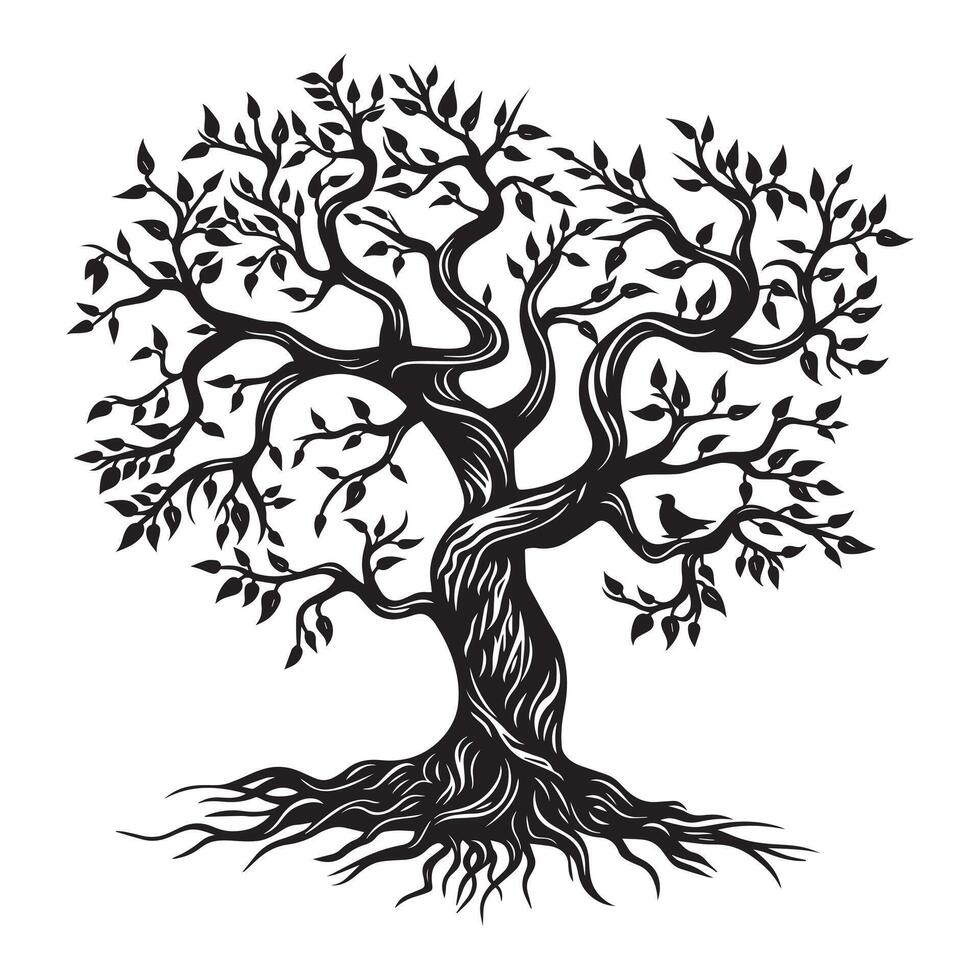 Tree of Life with vines intertwining around its trunk illustration in black and white vector