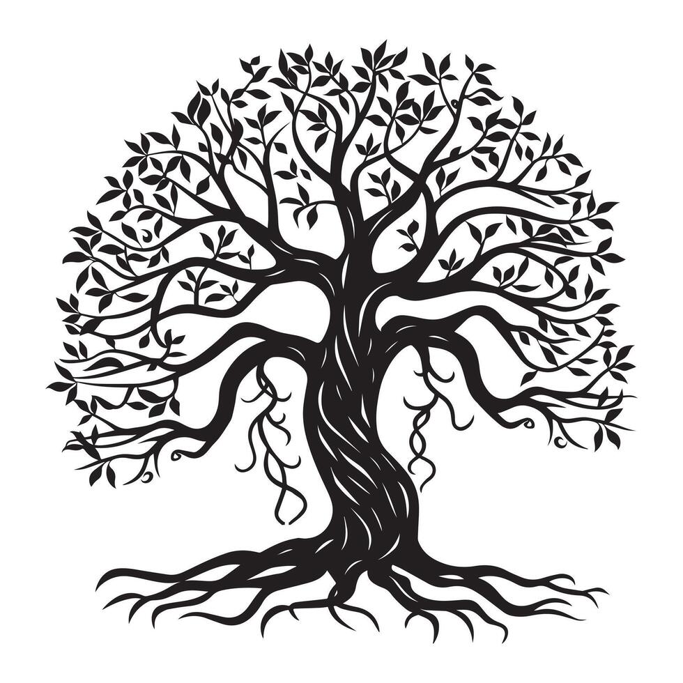 Tree of Life with vines intertwining around its trunk illustration in black and white vector