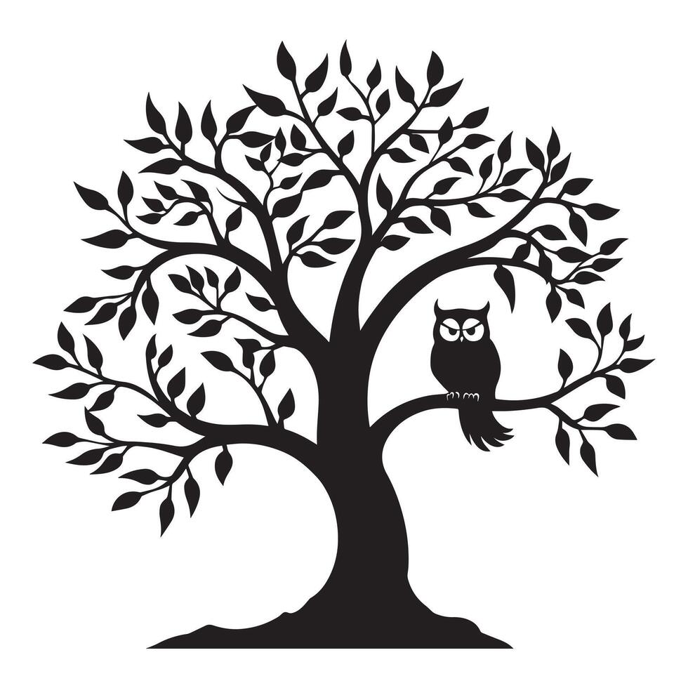 Tree of Life with an owl sitting on its branch illustration in black and white vector