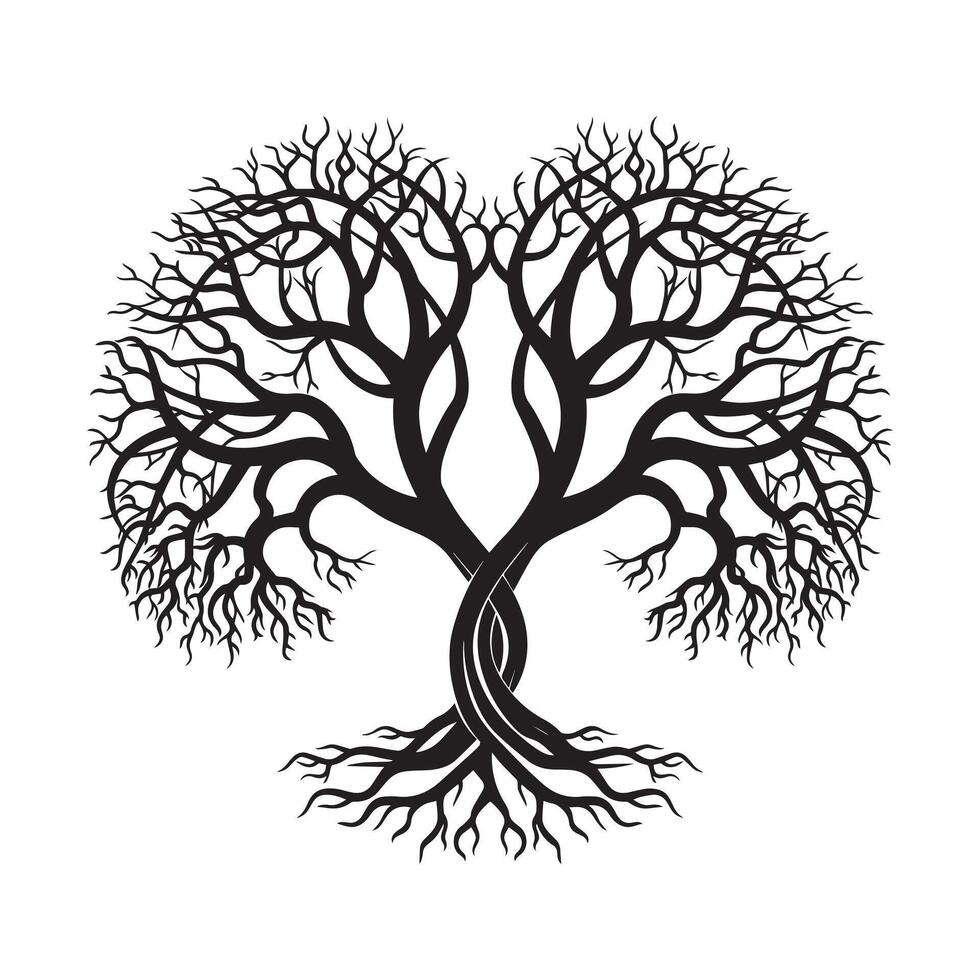 Tree of Life with branches forming a heart shape illustration in black and white vector
