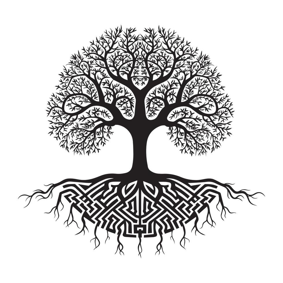 Tree of Life with a labyrinth pattern illustration in black and white vector
