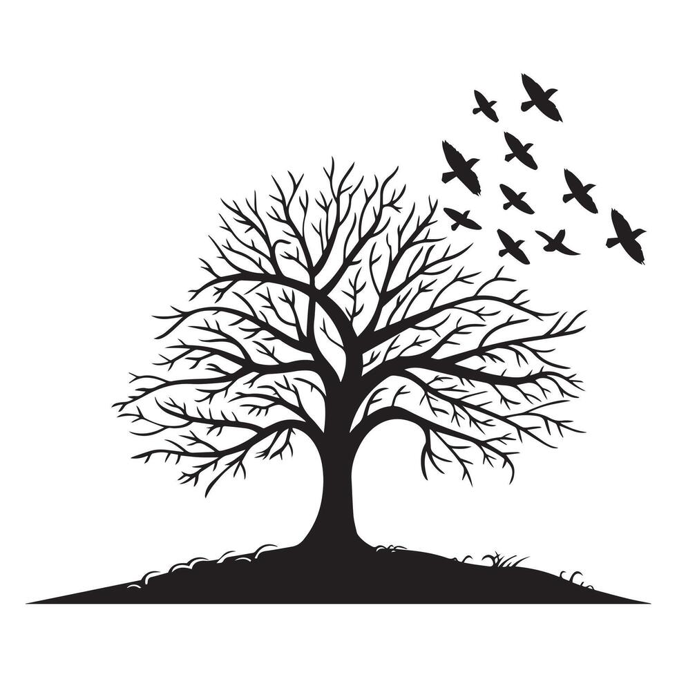 illustration of a tree with birds flying in the sky in black and white vector