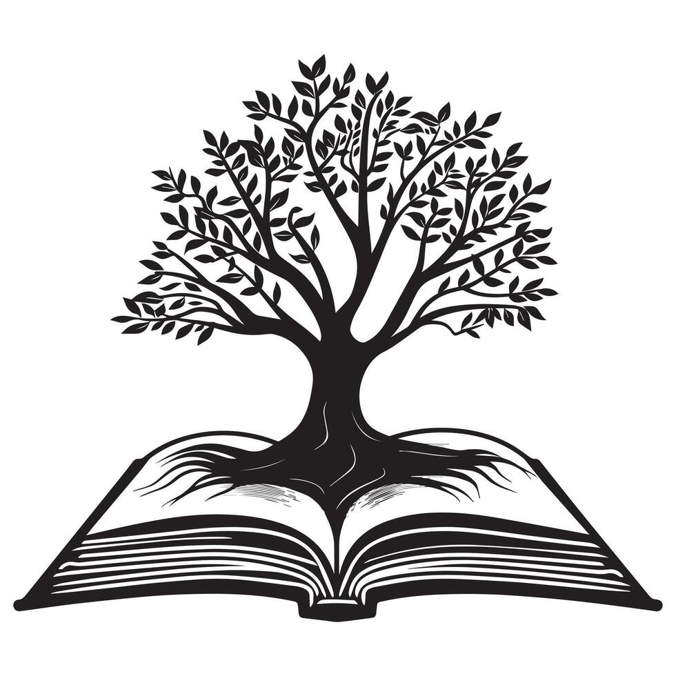 Tree of Life growing out of an open book illustration in black and white vector