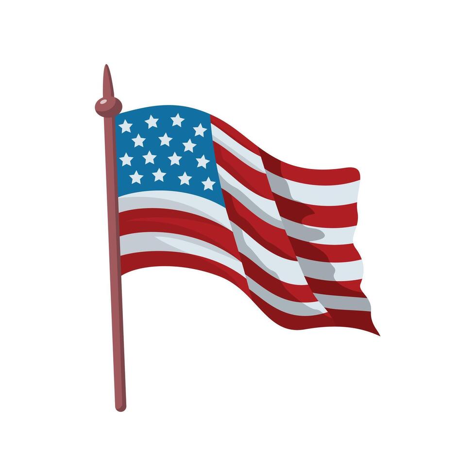 USA flag on a wooden pole, isolated on a white background. American flag on flagpole waving in the wind. Holiday design element. vector
