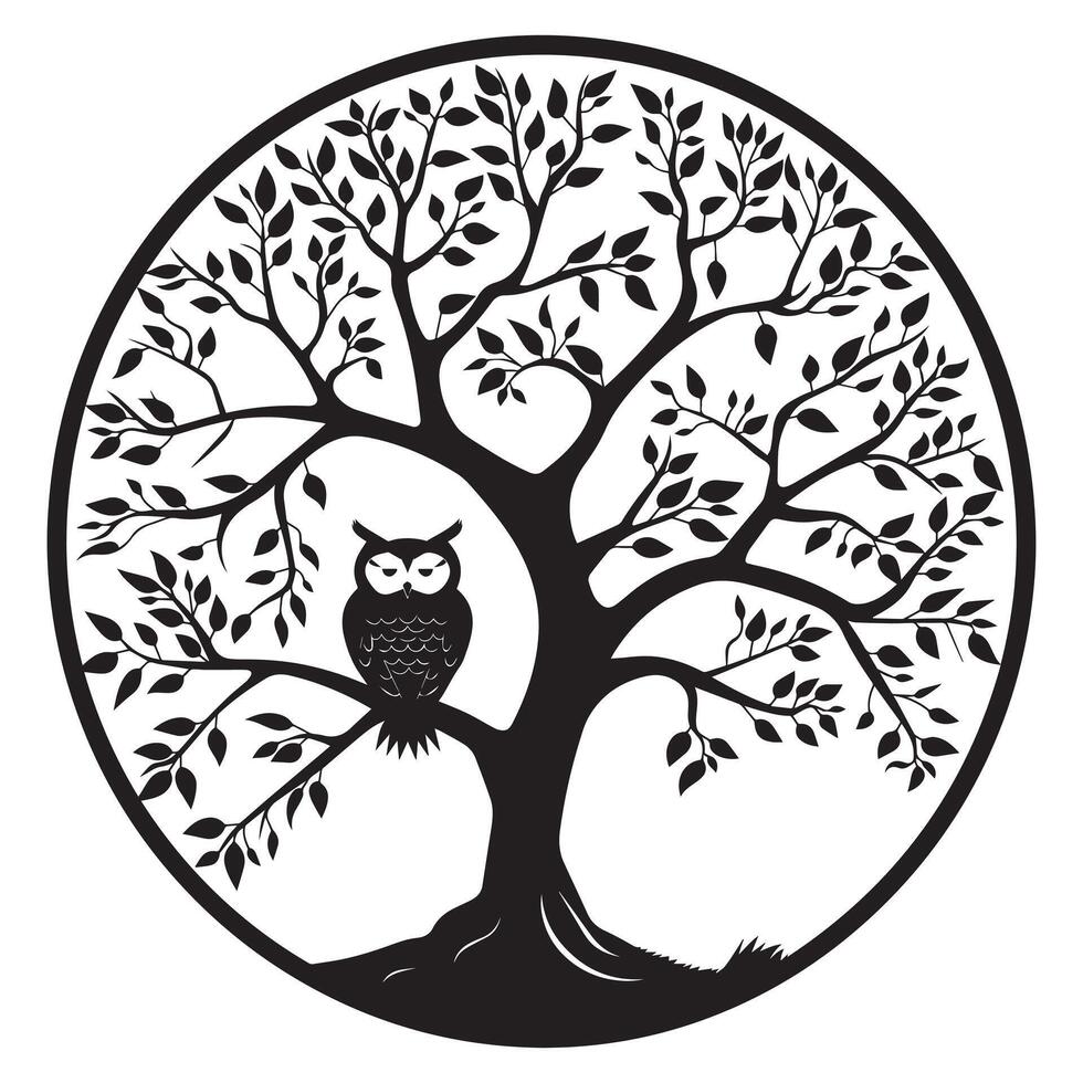 Tree of Life with an owl sitting on its branch illustration in black and white vector