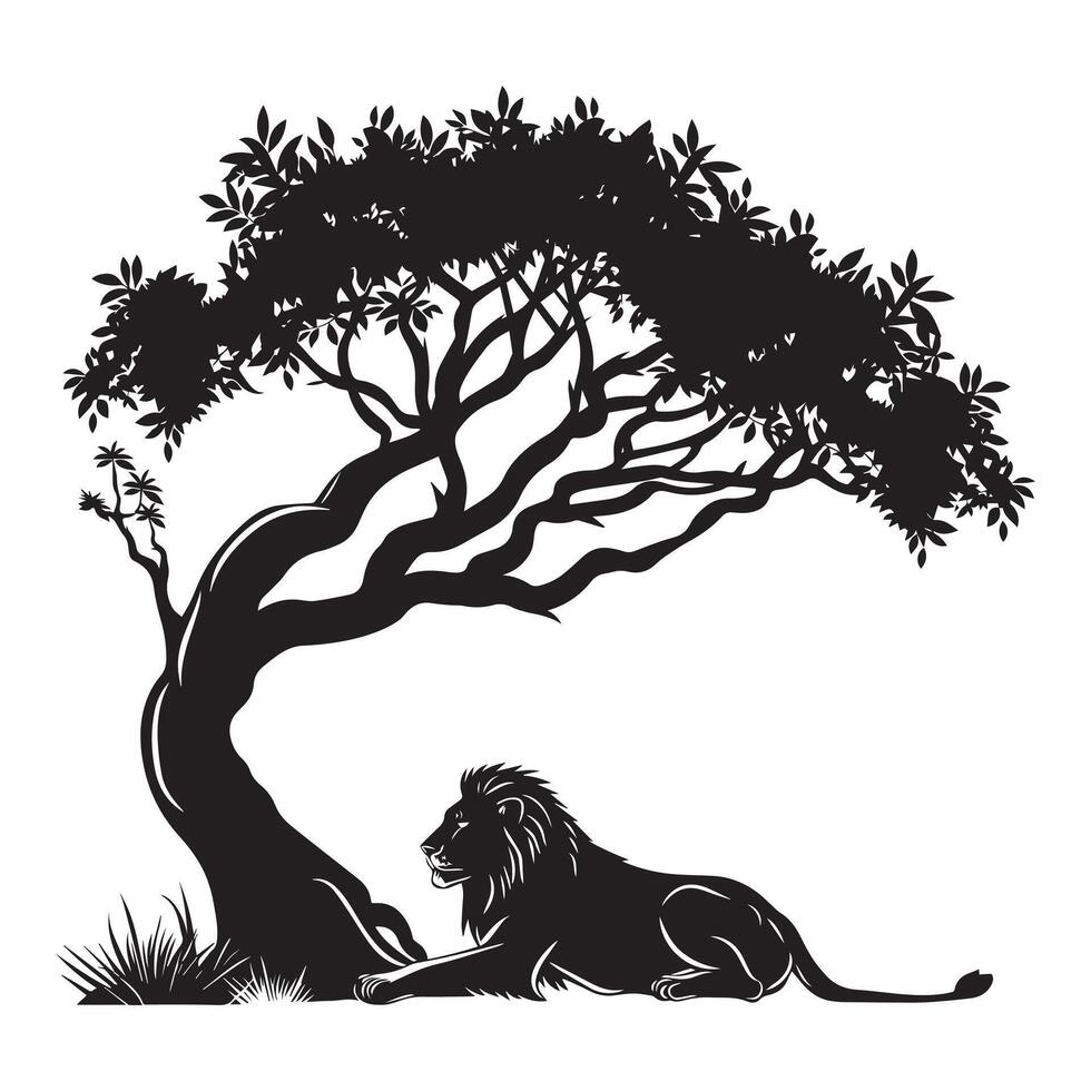 Tree of Life with a lion resting at its base illustration in black and white vector