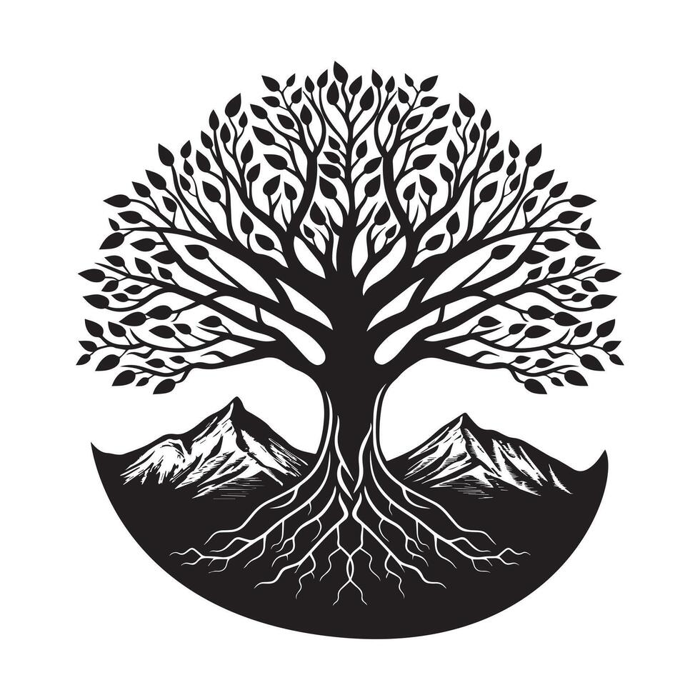 Tree of Life with a mountain range in the background illustration vector