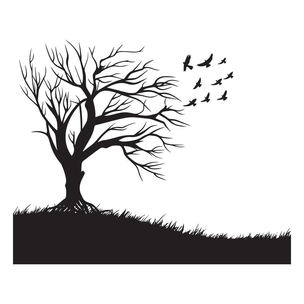 illustration of a tree with birds flying in the sky in black and white vector