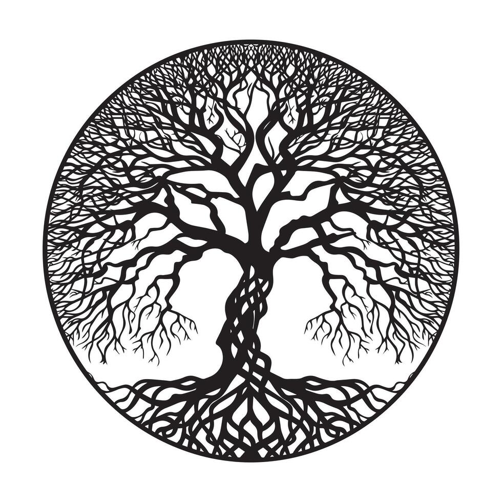 Tree of Life with an intricate lattice of branches illustration in black and white vector