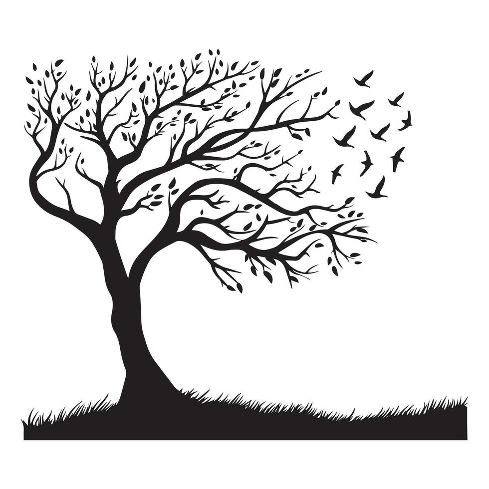 illustration of a tree with birds flying in the sky in black and white vector