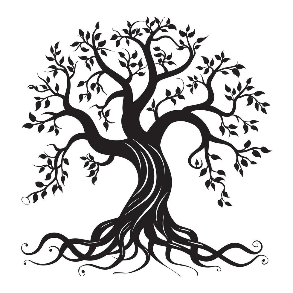 Tree of Life with vines intertwining around its trunk illustration in black and white vector