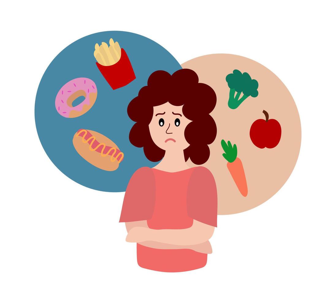 Eating disorder. Sad woman worries about being overweight. Overeating, bulimia, anorexia. Food addiction concept. Girl cannot choose between healthy or unhealthy food. Cartoon flat illustration vector