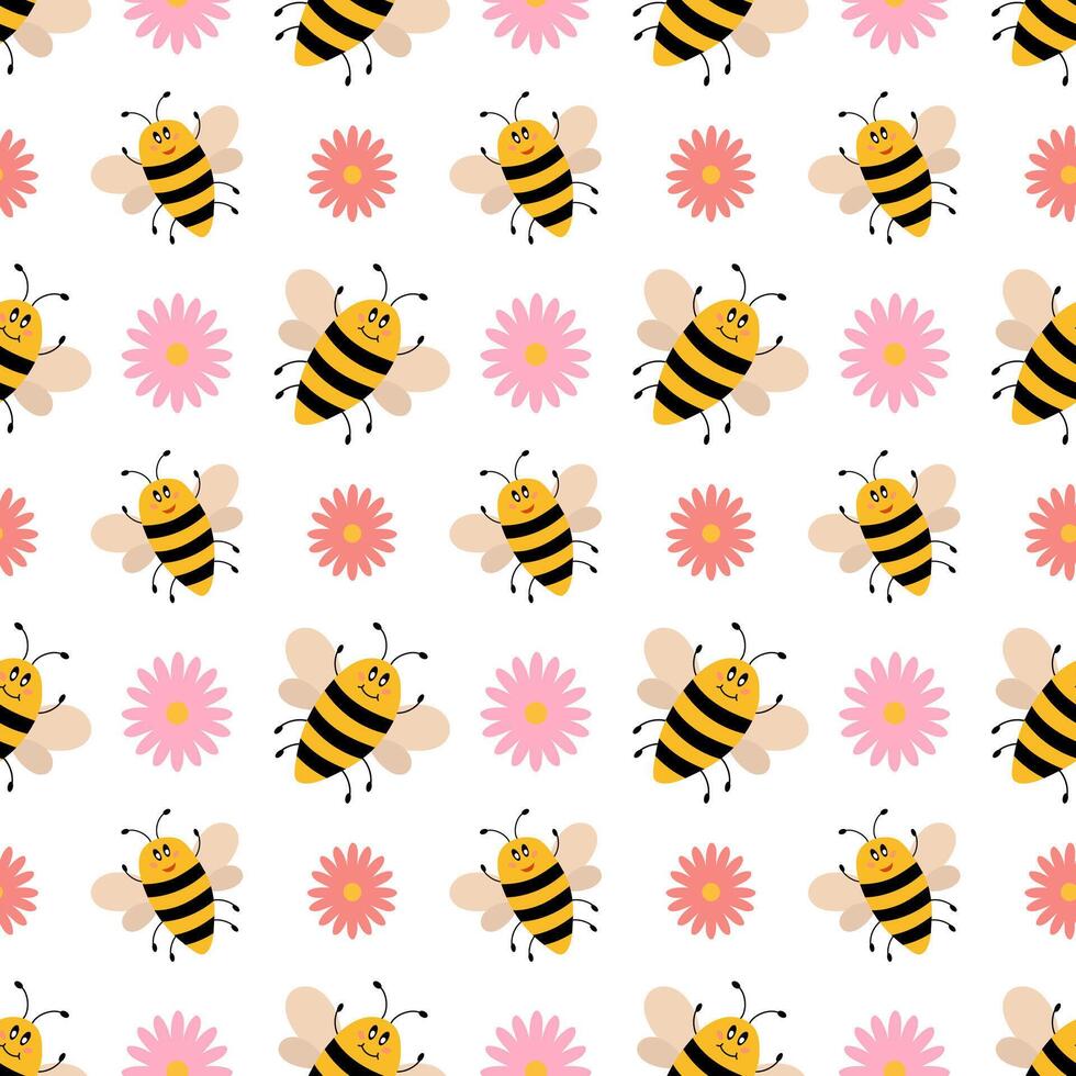 cute cartoon seamless pattern with bees and flowers. Funny bees background. flat illustration. vector