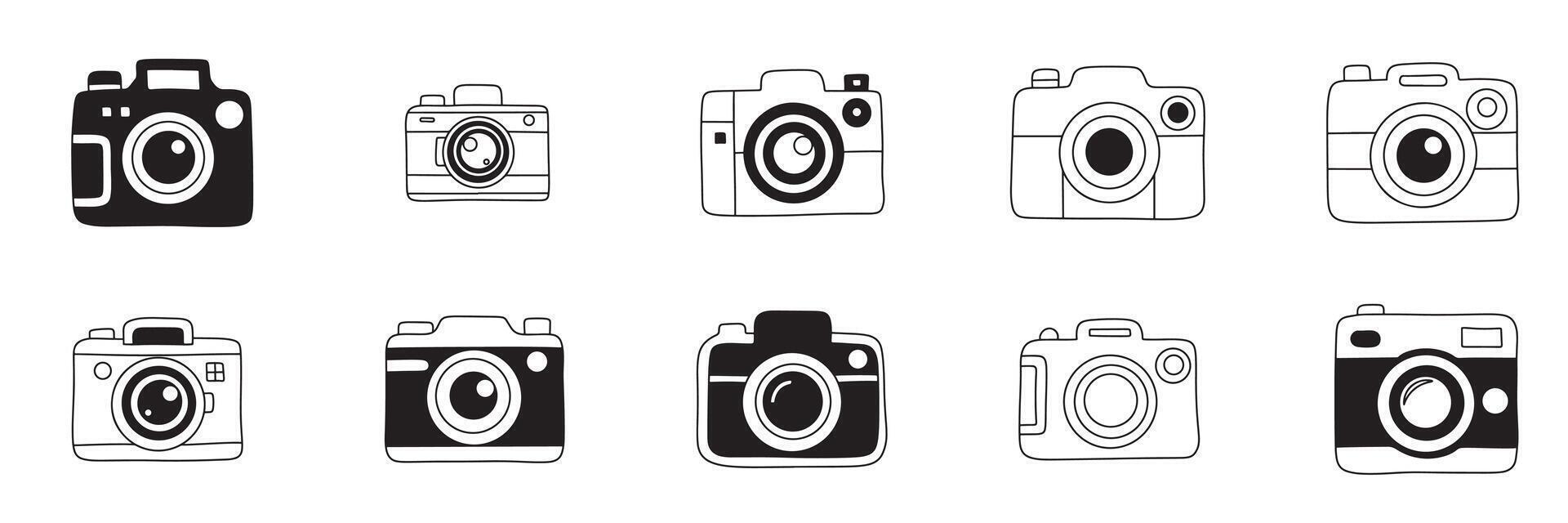 Collection of camera silhouette in doodle style. Camera icons set. Hand drawn art. vector