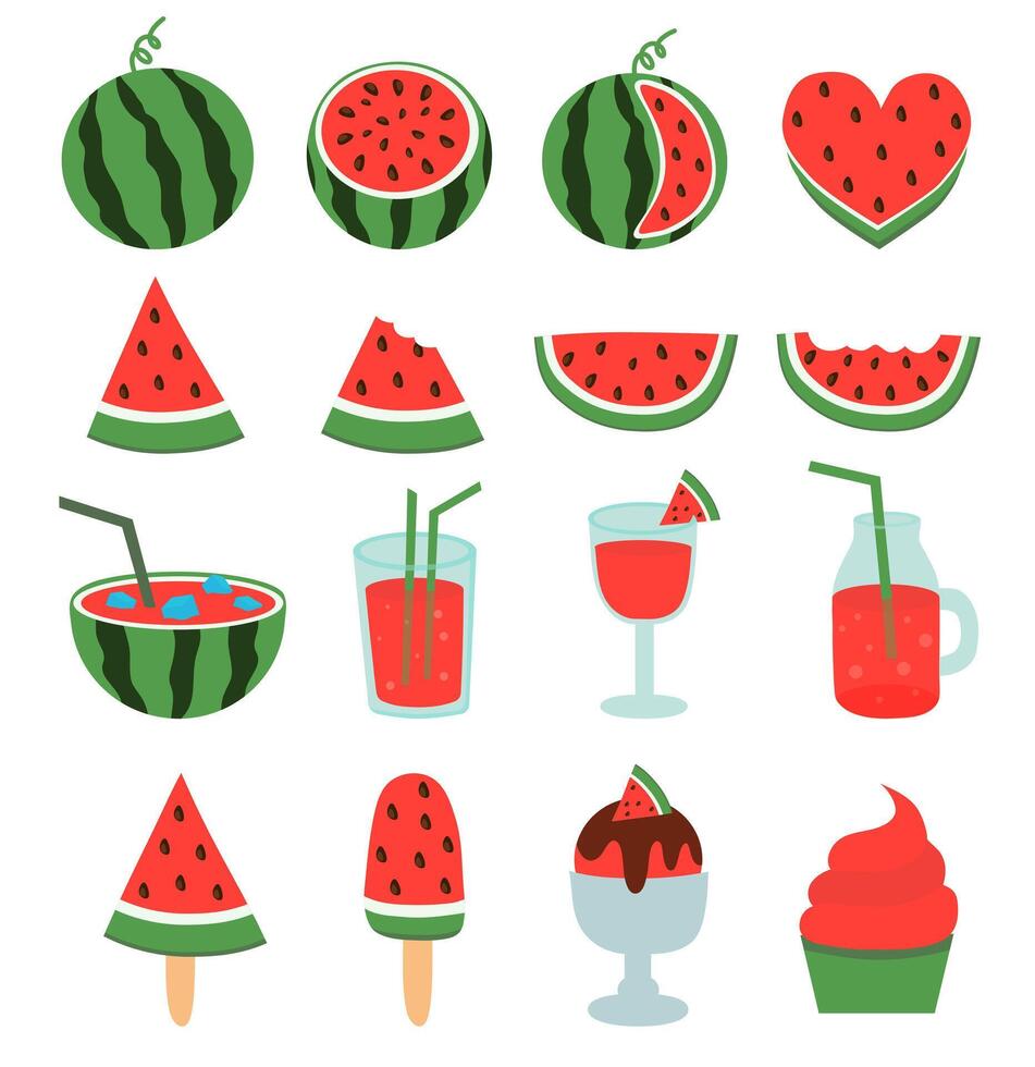 Watermelon set. Whole and slice, bitten, juice, cocktail, ice cream. Flat collection illustration. vector