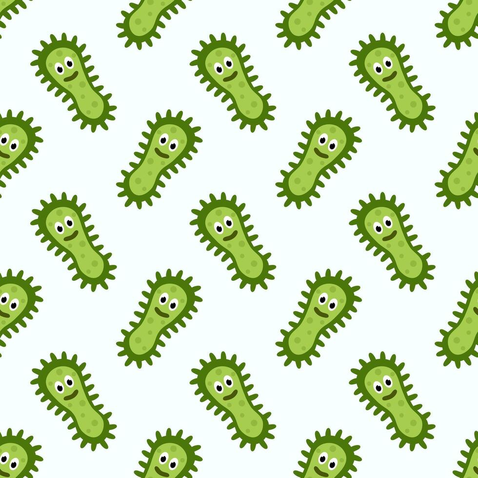 Seamless Pattern with Cute cartoon characters virus, bacteria, microbe. Microbiology organism funny face wallpaper. Mascot expressing emotion background. children illustration in flat design. vector
