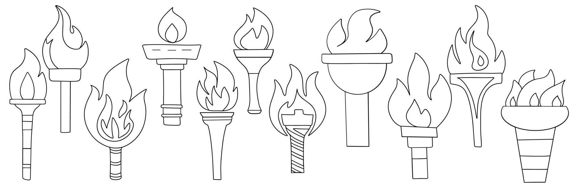 Collection of torches with flame in doodle style outline. Hand drawn art. vector
