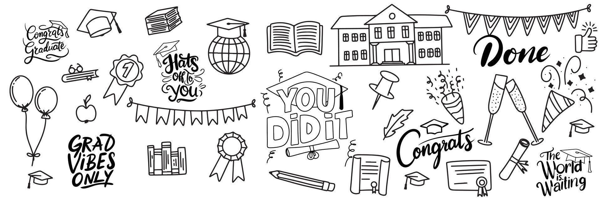 Collection of graduation doodle set icon. Hand drawn art. vector