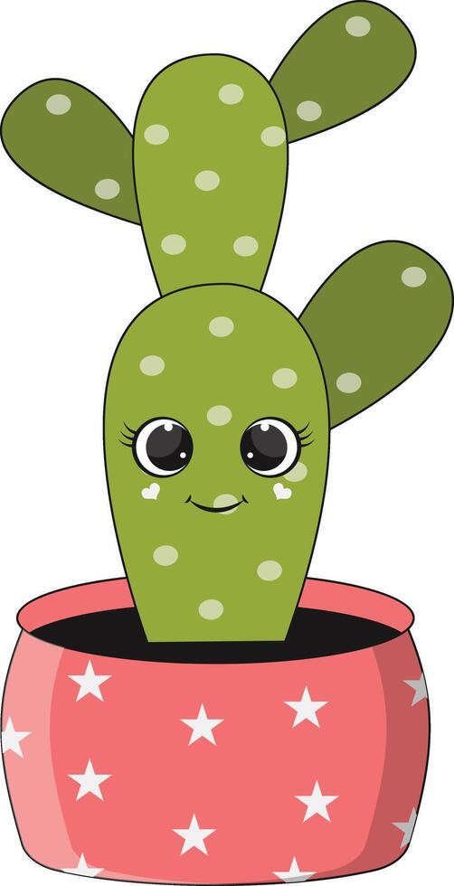 Illustration of Kawaii Potted Cactus. Cartoon Character on White Background. vector