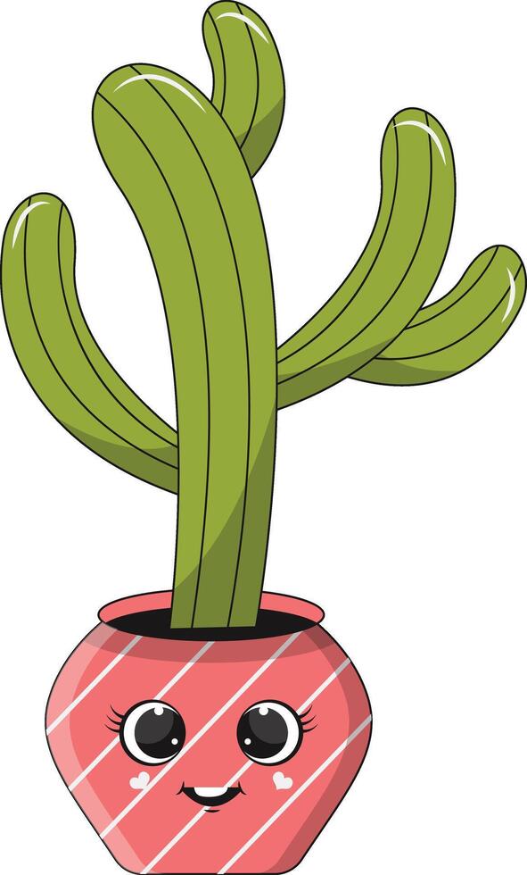 Illustration of Kawaii Potted Cactus. Cartoon Character on White Background. vector