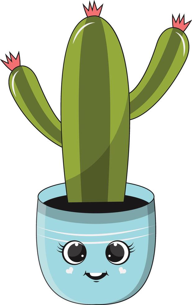 Illustration of Kawaii Potted Cactus. Cartoon Character on White Background. vector