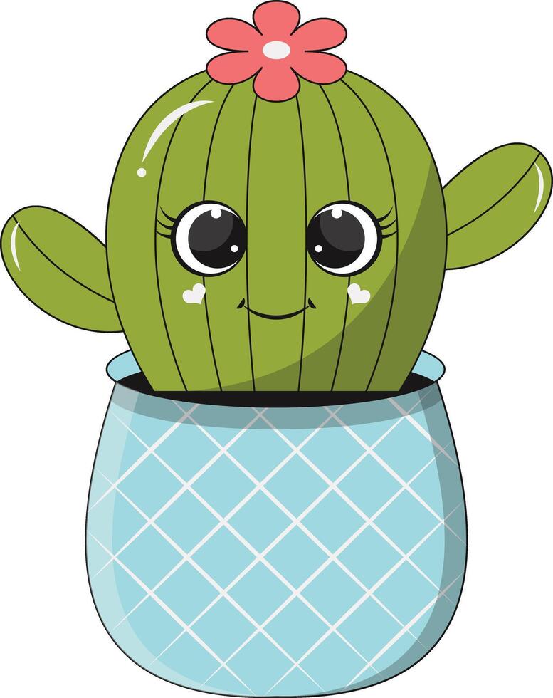 Illustration of Kawaii Potted Cactus. Cartoon Character on White Background. vector