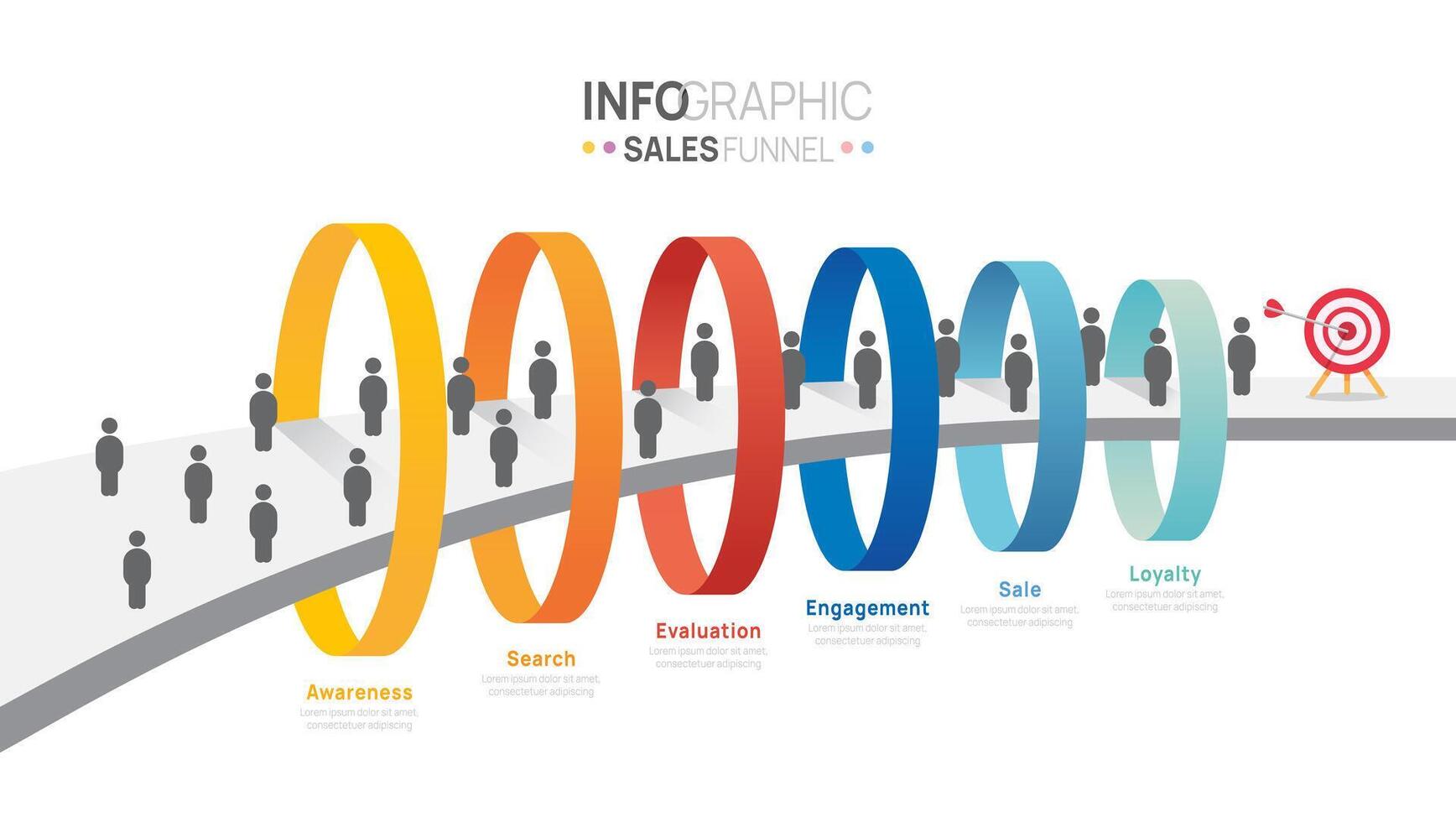Sales funnel infographic template with 6 steps for digital marketing and startup business. vector